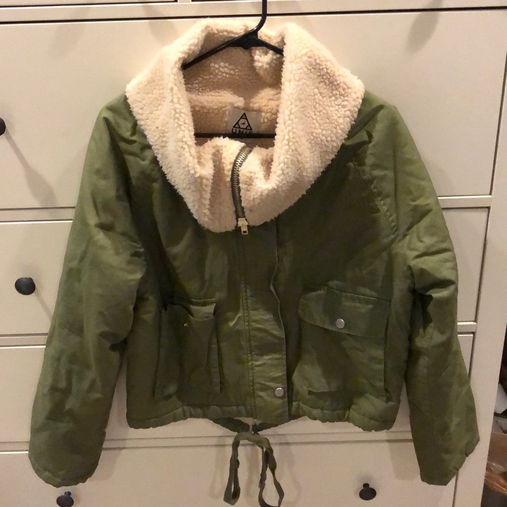 Green bomber jacket with sherpa inside